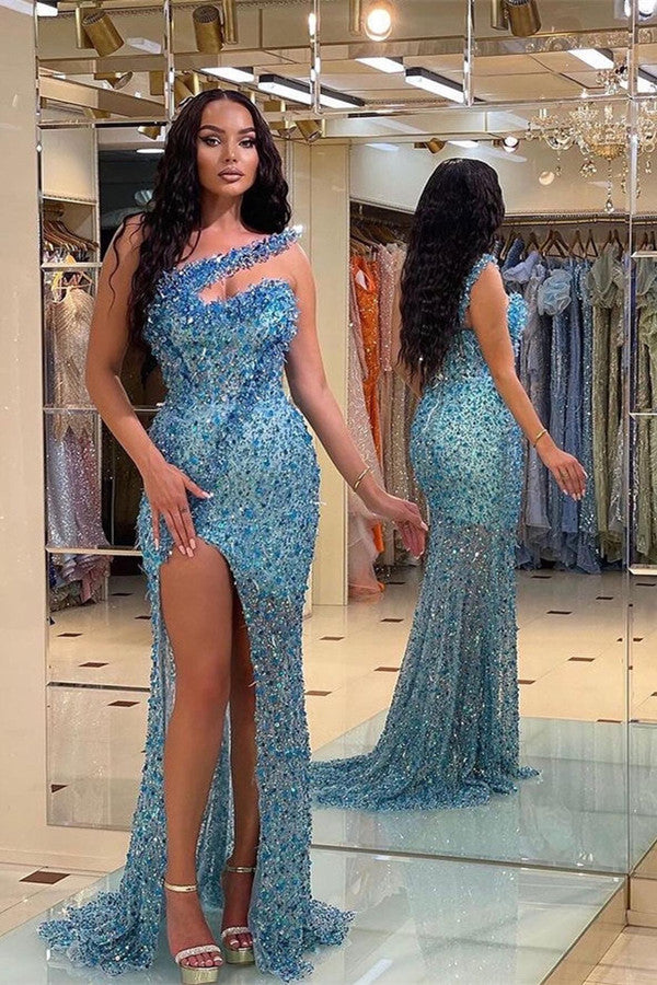 Vintage Long Sequined Beadings One Shoulder Mermaid Prom Dress With Split