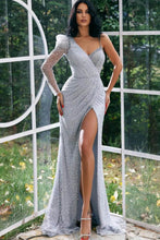 Silver Sequins Long Sleeves Mermaid Prom Dress With Split Long Sleeves