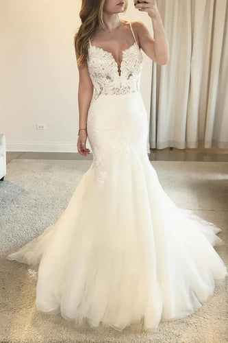 Mermaid V-neck Open Back Spaghetti Straps Lace Wedding Dresses with Train
