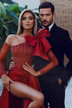 Bow Burgundy Long Sleeve Sequins Mermaid Prom Dress With Split