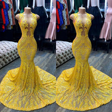 Yellow Long V-neck Sleeveless Sequins Lace Mermaid Prom Dress