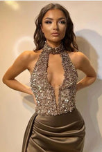 Sexy Halter Deep V-neck Sequins Mermaid Prom Dress with Split Front