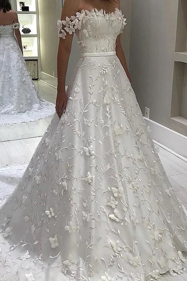 A-line Off Shoulder Lace Long Wedding Dresses