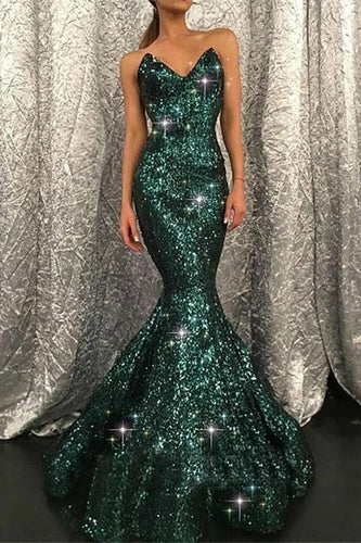 Dark Green Long Sweetheart Mermaid Sequins Prom Dress