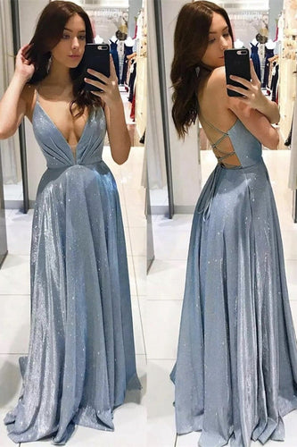 Sexy Long A-line V-neck Spaghetti Straps Sleeveless Backless Prom Dresses
