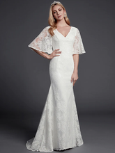 Wedding Dresses V Neck  Lace Half Sleeve Beautiful Back with Lace