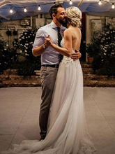 A-Line Wedding Dresses V Neck  Train Lace Tulle Spaghetti Strap Simple Backless