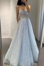 Glitter Blue Sweetheart Tulle Sequins Long Prom Dress,Sexy A-line Evening Dress Y1391