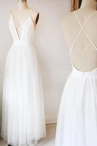A-line Simple Tulle V Neck Wedding Dresses Long Prom Dresses