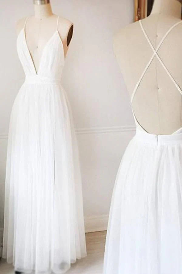 A-line Simple Tulle V Neck Wedding Dresses Long Prom Dresses