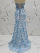 Blue Strapless Pearl Beaded Corset Ruched Long Prom Dress