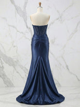 Glamorous Strapless Beaded Corset Satin Prom Dress with Slit
