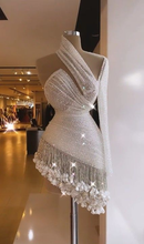 White Cocktail One Shoulder Fringed Cocktail Dresses Above Knee Mini Homecoming Dress Y874