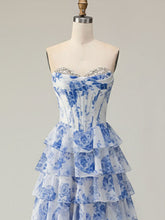 Blue Flower A Line Sweetheart Sequins Tiered Corset Long Prom Dress with Slit