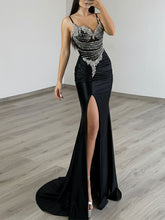 Gold Liquid Beaded Bodice Satin Prom Dress with Slit