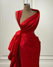 Red Mermaid  Draped Satin Floor Length Prom Gown with Slit
