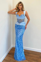 Stunning Long Mermaid Sequined Straps Tulle Formal Prom Dress