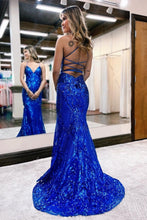 V Neck Spaghetti Straps Backless Royal Blue Sequin Long Prom Dress