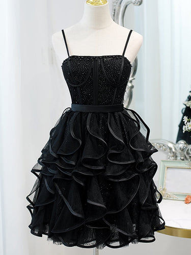 Black Sequins Spaghetti Straps Tulle Short Homecoming Dresses