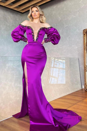 Split Front V-Neck Mermaid Prom Gown with Off The Shoulder Sleeves and Dazzling Beadwork