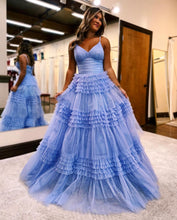 Emerson |A-Line Deep V Neck Tiered Long Glitter Tulle Prom Dress