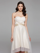 A-Line Wedding Dresses Sweetheart Neckline Asymmetrical Satin Floral Lace Strapless Simple Plus Size with Bowknot Sash  Ribbon Beading