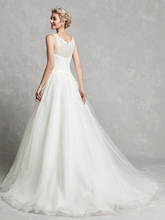 A-Line Wedding Dresses Scoop Neck Chapel Train Lace Tulle Regular Straps Formal Illusion Detail with Lace Sash  Ribbon