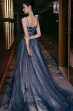 Shiny tulle long A line prom dress blue evening dress Y105