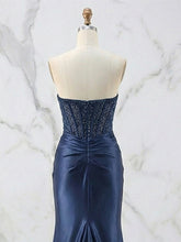 Glamorous Strapless Beaded Corset Satin Prom Dress with Slit