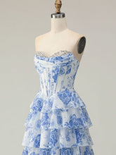 Blue Flower A Line Sweetheart Sequins Tiered Corset Long Prom Dress with Slit