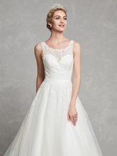 A-Line Wedding Dresses Scoop Neck Chapel Train Lace Tulle Regular Straps Formal Illusion Detail with Lace Sash  Ribbon