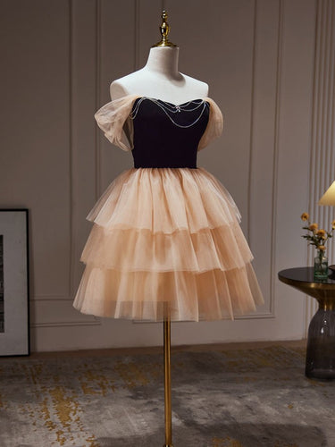 Chic Champagne Off The Shoulder Beading Tulle Short Homecoming Dresses