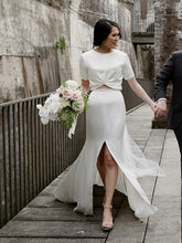 Simple Round Neck Short Sleeve Slit Long Wedding Dresses Evening Dresses.DB10713