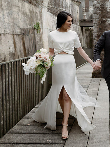 Simple Round Neck Short Sleeve Slit Long Wedding Dresses Evening Dresses.DB10713