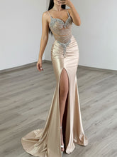 Gold Liquid Beaded Bodice Satin Prom Dress with Slit