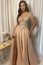 Split Front A-line Off-the-Shoulder Lace V-Neck Applique  Prom Dress