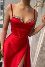 Red Long Mermaid Spaghetti Strap Satin Prom Dresses with High Slit