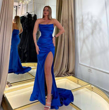 Strapless Royal Blue Mermaid Satin Long Prom Dress with Front Split
