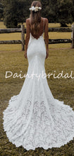 Sexy Simple Mermaid V-neck Lace Spaghetti Strap Long Wedding Dresses Evening Dresses.DB10712