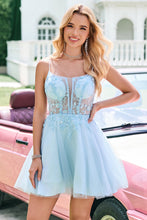 Cute A Line Spaghetti Straps Corset Short Blush Homecoming Dress with Appliques