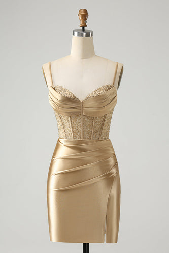Gold Corset Short Homecoming Dress with Lace Up Back