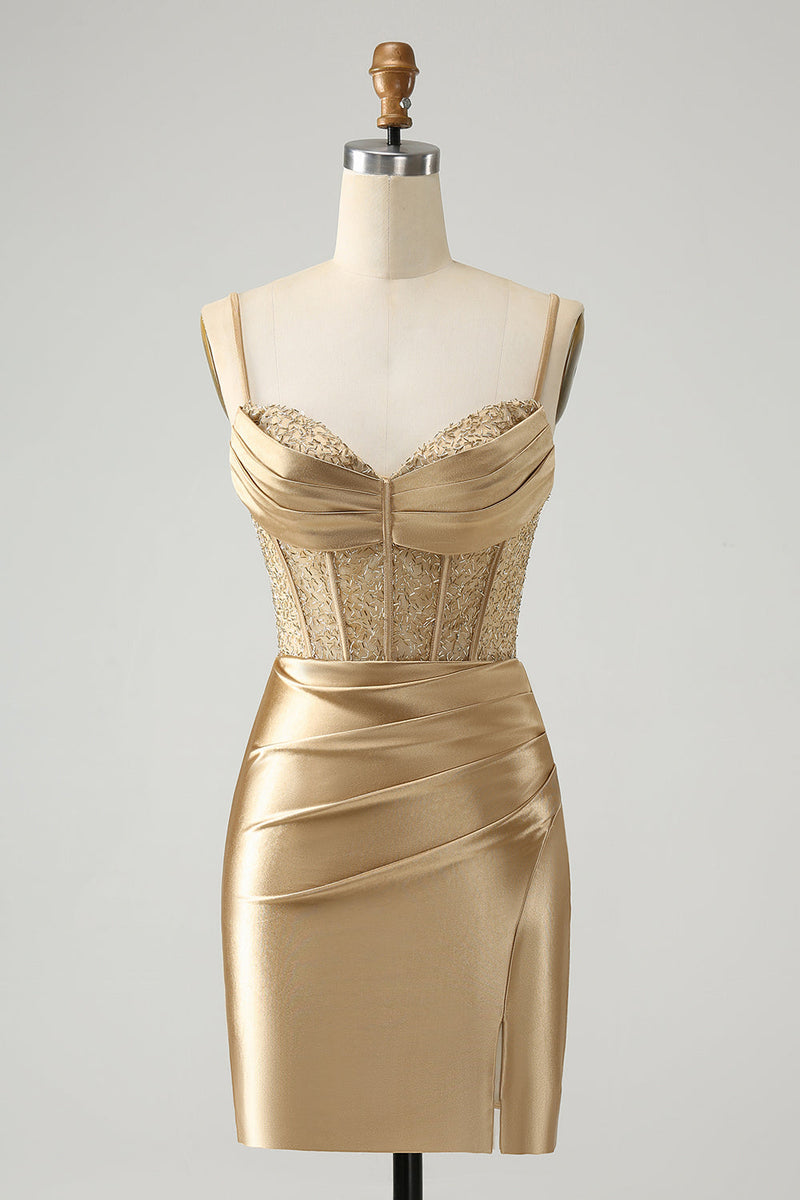 gold hoco dress corset Short Tulle Sweetheart Corset Sequin Homecoming Cocktail Dress