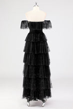 Black A Line Square Neck Long Formal Dress with Ruffles