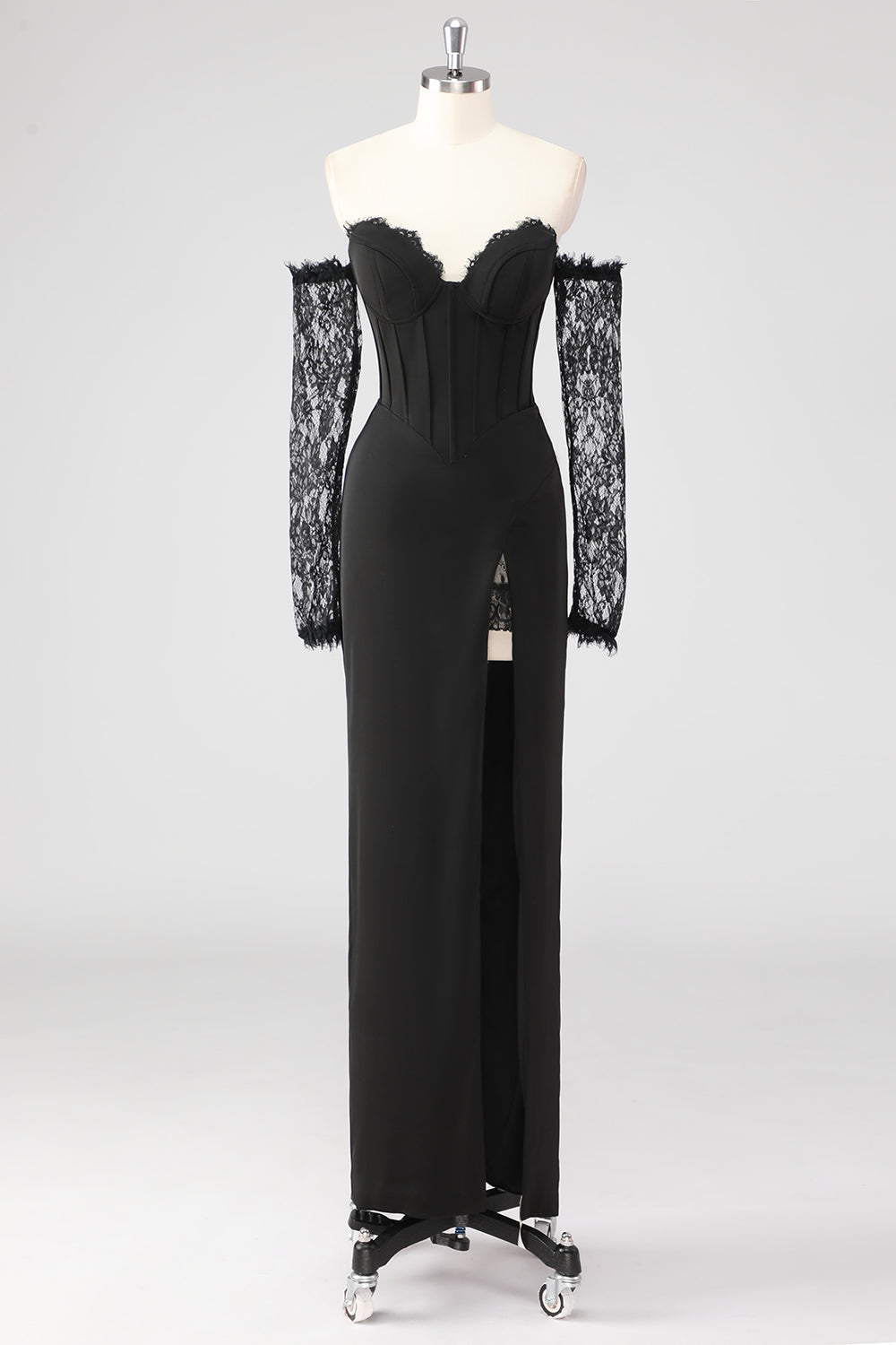 Black Lace Long Sleeves Sheath Formal Dress with Slit – Anna PromDress