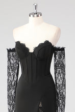 Black Lace Long Sleeves Sheath Formal Dress with Slit