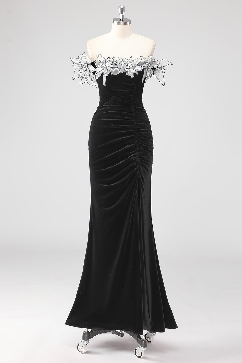 Black Velvet Sheath Formal Dress with 3D Flowers – Anna PromDress