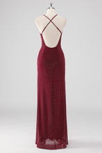 Sparkly Burgundy V-Neck Sheath Formal Dress with Slit