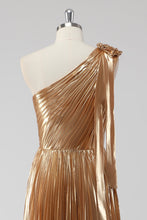 Golden Metallic Satin One Shoulder A-Line Formal Dress