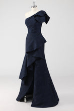 Navy One Shoulder Ruffled Mermaid Formal Dress