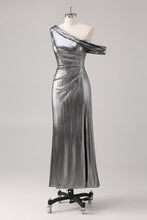 Silver Black Sheath One Shoulder Metallic Formal Dress with Slit